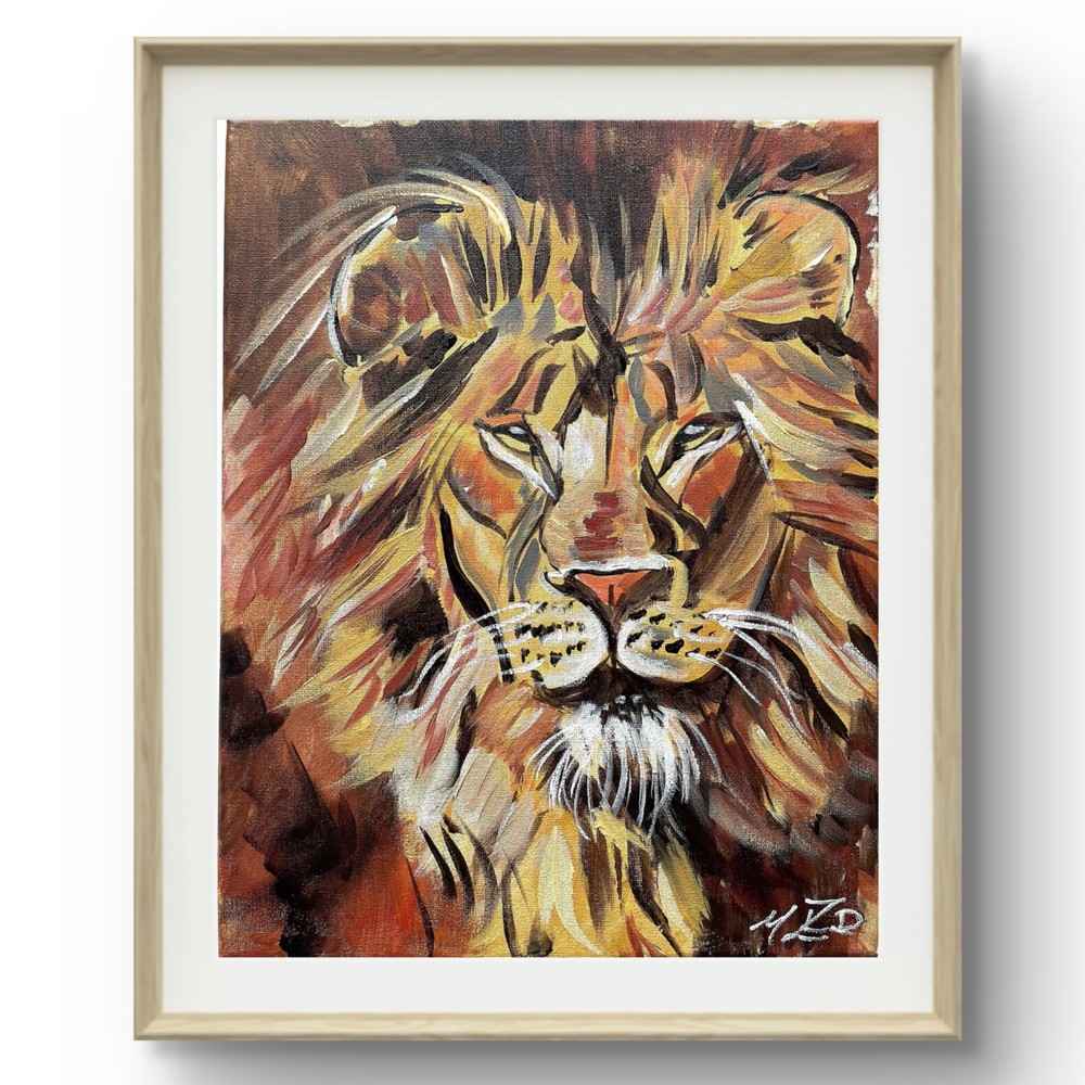 Original Artisan 11×14 Colorful Majestic Lion Yellow and Earth Tones Art Decor