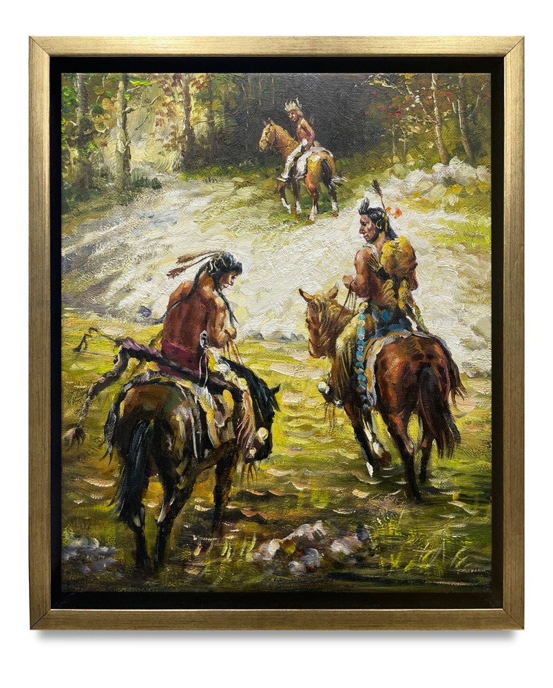 Hungryartist -Original Oil Painting of Native Hunters on Canvas 8×10 Framed