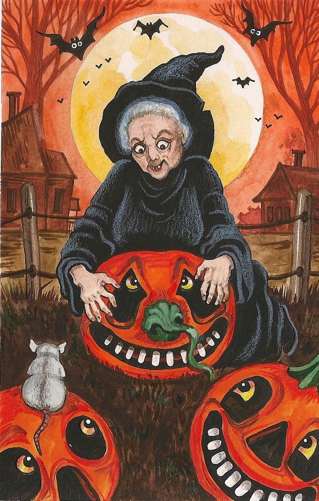 PRINT OF HALLOWEEN PAINTING 5.25 X 8.25 RYTA WITCH VINTAGE STYLE ART FOLK BATS