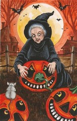 PRINT OF HALLOWEEN PAINTING 5.25 X 8.25 RYTA WITCH VINTAGE STYLE ART FOLK BATS