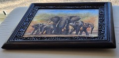 Kenyan Artist RICHARD KIMEMIA African Painting Elephant Family CARVED WOOD FRAME