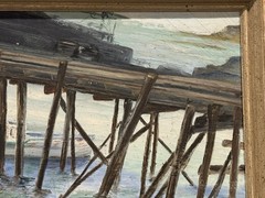 FLORA E. SCHAIFER – c1940s Seascape Oil Painting w/ Pier „Cape Porpoise, Maine“