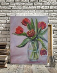 tulips original oil painting, bouquet red tulips in vase, painting on canvas