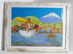 Whimsical Original Art TEACUP SAFARI Acrylic Signed Rustic White Frame 11″ by 14