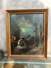Gothic Vintage Oil on Canvas Haunted Mill by Moonlight 1929 Signed and Framed