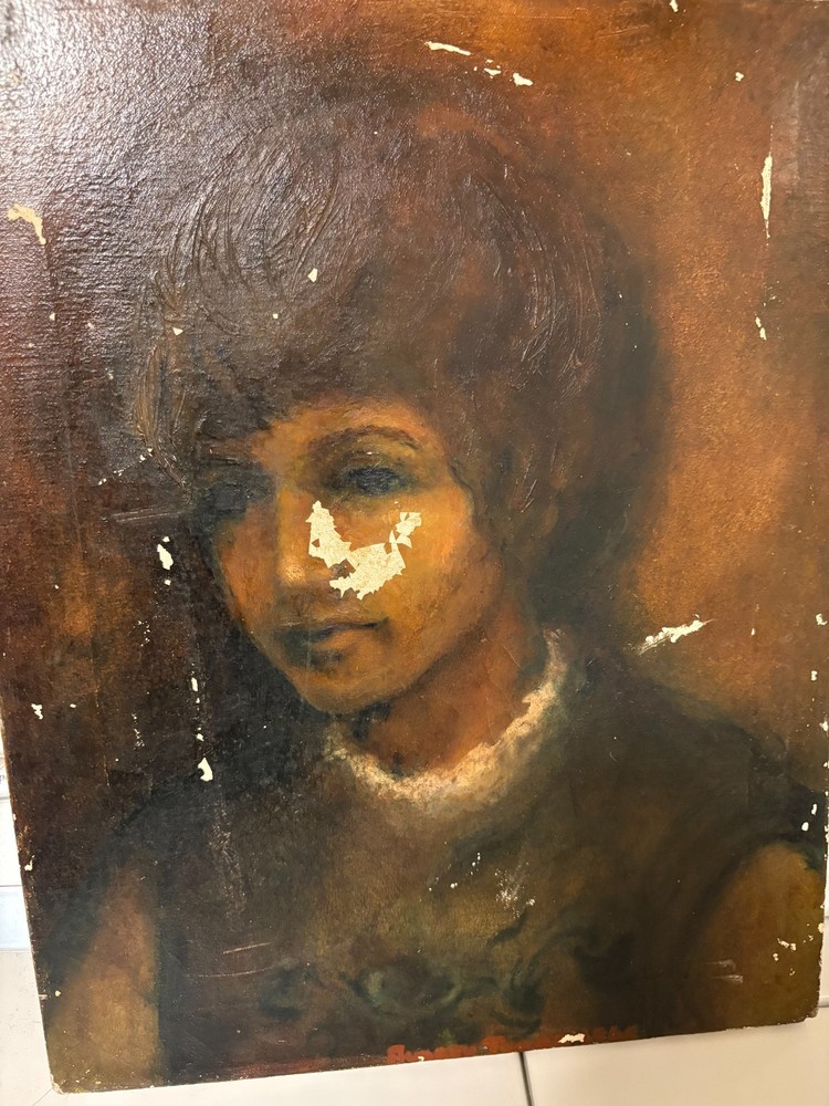 Estate Vintage Signed Old Oil Painting Portrait of Young Girl on Wood Panel