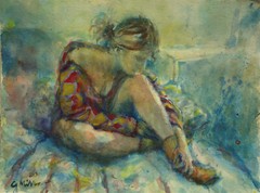 GERRY MILLER – Young Woman Seated. Watercolour Painting.32x24cm