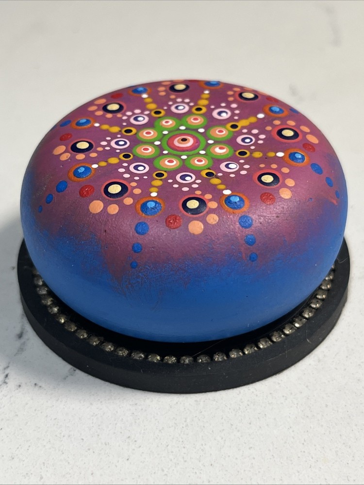 Natural Stone Mandala Dot Painting, Hand-Painted Acrylic on Rock 2”