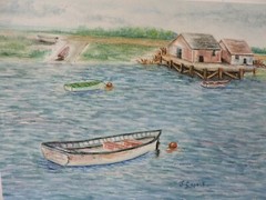 Boats Anchored in a Bay, Original 8 1/2 x 11 1/2 Watercolor Painting