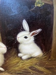 Vtg 9.5 x 7.25 Oil Painting Beckmann Two Rabbits Canvas Art Framed 12.25 X 14.25