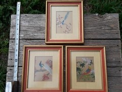 Vintage Oriental Botanical Bird Art Fabric Silk (?) Paintings, Set of 3