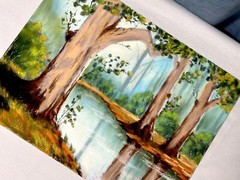 Original Soft Pastel Landscape Autumn Trees & Forest River Reflection 32.5x25cm