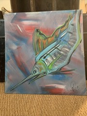 Asher Robinson 24.5×23.75” Folk Art Fish Painting on Thin Board. Beach House Art