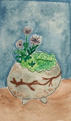 aceos originals watercolor painting moss garden, 4 x 2.5 inches, signed