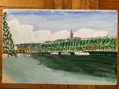 French 1940s Original Watercolor Gouache Painting Landscape Boats Seine 19×12