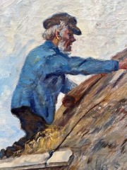 Axel AABRINK (1887-1965) landscape with man repairing the roof, oil painting
