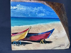 Painting On Wood 4.5″x 5.5″ Signed Folk Art Tropical Boat Scene Coastal Decor