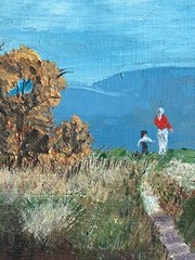 Vintage Landscape Oil Painting on Canvas Adult & Child on a Scenic Path 6 x 8 in