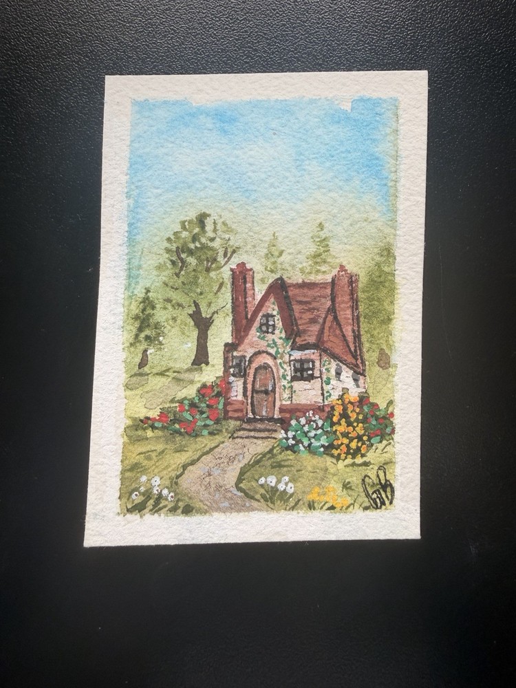 ACEO watercolor_with_g Cozy Cottage In The Woods With Trees, Flowers Landscape