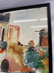 Original Watercolor Painting Children Village Street Scene Signed OHS Framed 23x