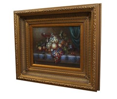Vintage Still Life Fruit Grapes Wine Oil Painting on Canvas Gold Frame 27″