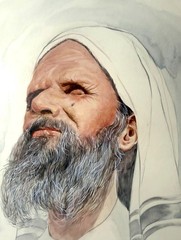 Vintage original Sol Schreibman Jewish Rabbi Man watercolor painting portrait