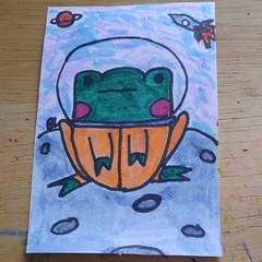 Astronaut Space Frog Cartoon OOAK Drawn Art Card Aceo Original Painting