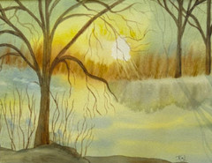 PAINTING WATERCOLOR 11X14 DOUBLE MAT 16X20 TREES LAKE SUNRISE LANDSCAPE ORIGINAL
