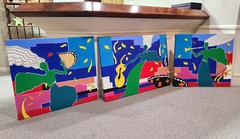 Vibrant 1993 Oil /Acrylic on Canvas Triptych Angels Making Music – sgnd A. Sgro