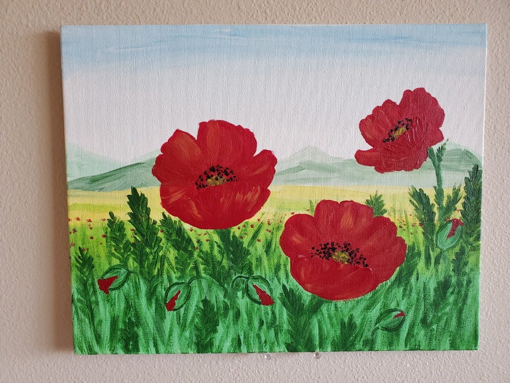 Handmade Painting Acrylic Art Panel 11x14x1/16 Decor Flowers Poppies Mountains