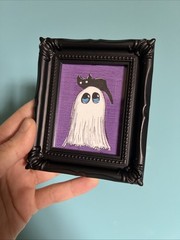 Print Of My Art Ghost And Black Cat,Halloween ,miniature Painting,small, framed