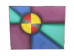 Vintage Abstract Art 1975 Hard Edge Oil Painting on Canvas Board Framed 22×28