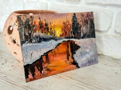 Original Oil Painting Winter Landscape Sunset Impressionism Art Signed 5.5×8 in