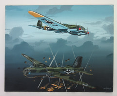 Raymond Waddey Painting German Heinkel He 111 and 177 Greif Bombers WW2, 16″x20″