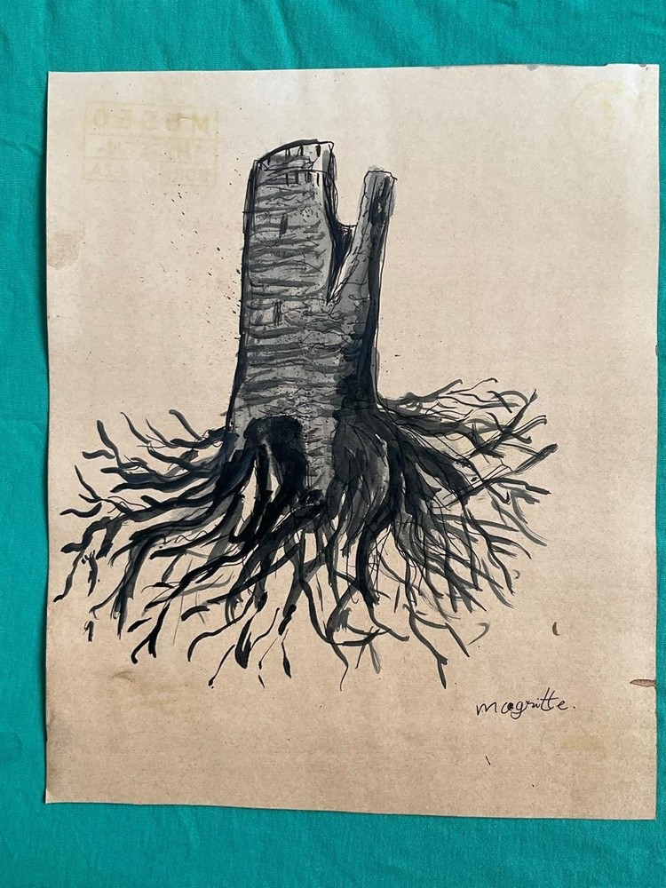 René Magritte drawing and painting on old paper signed stamped vintage