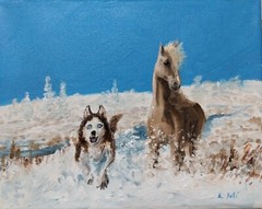 Oil Painting Dog and Horse Running Snowy Winter Landscape Animal Art by A. Joli