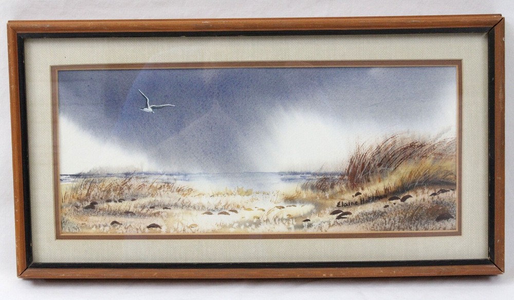 Elaine Hoffman 14×6 Watercolor Painting Beach Raining Landscape Seagull Oregon