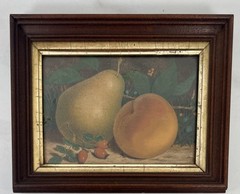Folk Art Theorem Painting of Fruit Still Life Matted & Framed Small 10×7 Vintage