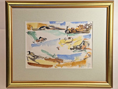 Ted Davis Signed 1954 Coastal Harbor Watercolor on Monhegan Island Modernist