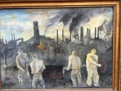 Rare 1936 Antique Ashcan Surrealist Social Realist Painting; Factory Workers