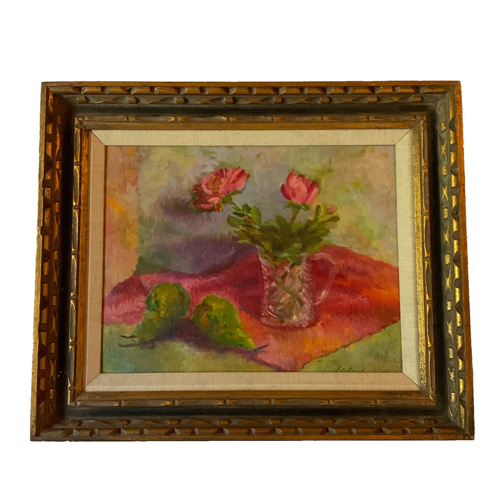 VINTAGE 80s floral flower original hand painted oil PAINTING by E Black pinks