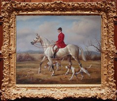 Antique Style Equestrian Oil Painting Hunting Scene Red Coat Riders & Dogs Art