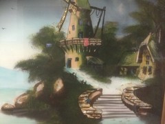 Antique Reverse Painted Glass Windmill Waterfront Mother Of Pearl 25″X22″Framed