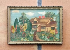 Rare 1930s FRONT OF GLASS PAINTING Cottage Country Garden Hollyhocks COTTAGECORE