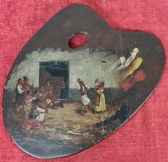 SPANISH TAVERN SCENE. OIL ON PANEL. SIGNED MENENDEZ. 1887.