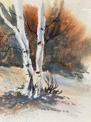 Joseph A Kennedy Watercolor Log Cabin Winter Landscape White Birch Tree Vtg 1978