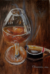 Still life of a glass of cognac and a lit cigar on a brown background watercolor