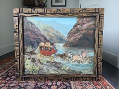 Judy Meeks Vintage 1960’s Americana Folk Art Naive Oil Painting Wild West Horses