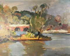 FRED D PENNY ST MARYS SEMINARY BRIDGE ILLINOIS LANDSCAPE VINTAGE OIL PAINTING