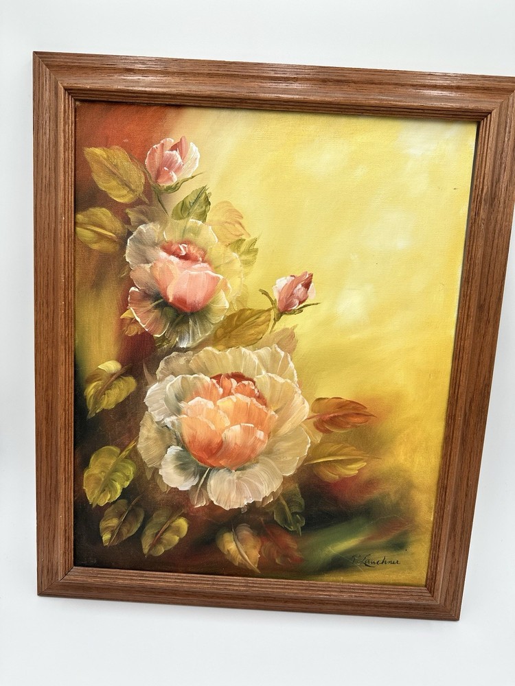 vintage rose oil painting Framed Signed Peach Pinks Impressionistic F2 Large